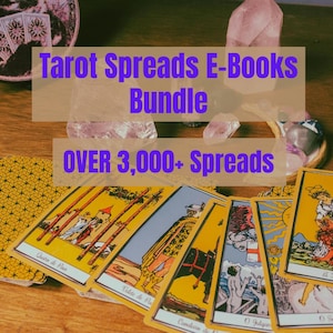 May include: A collection of tarot cards featuring yellow, blue, and white illustrations, accompanied by various crystals. The text overlay reads: Tarot Spreads E-Books Bundle OVER 3,000+ Spreads. The cards display figures and symbols.