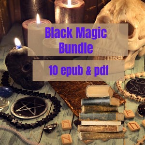 May include: An arrangement of candles, a skull, books, and occult items. The text "Black Magic Bundle" and "10 epub & pdf" are displayed. The scene is lit with candlelight, creating a mystical atmosphere.