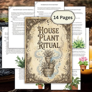 Puede incluir: Una guía digital de 14 páginas titulada House Plant Ritual con ilustraciones de estilo antiguo de plantas en macetas, humo arremolinado y bordes ornamentados. Las páginas contienen textos instructivos para varios rituales, incluyendo The Boundary Cactus Firewall y Workspace Focus Battery, con pasos detallados.
