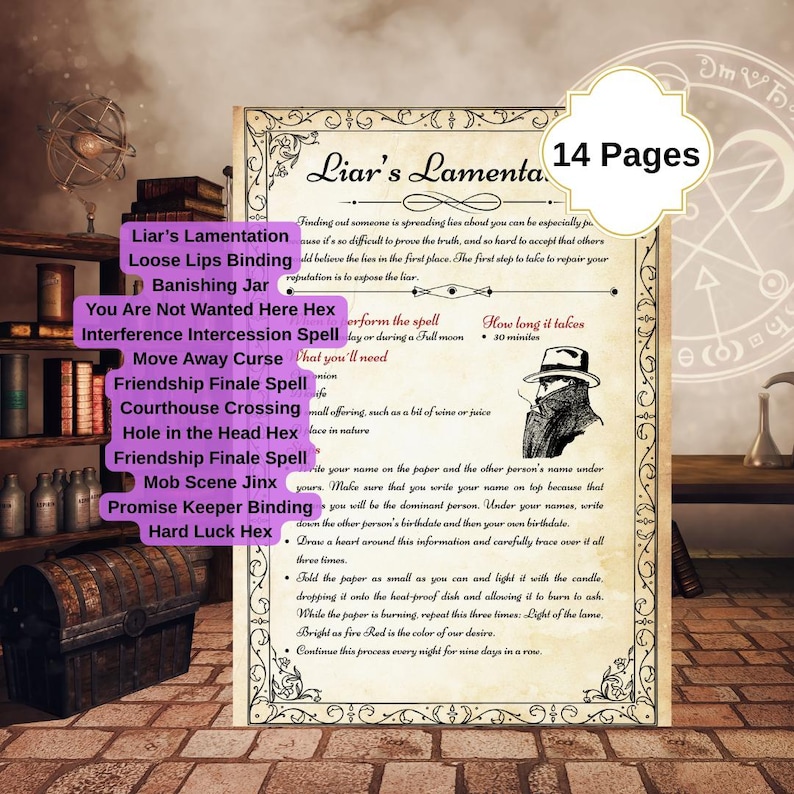 Pode incluir: Um pergaminho em estilo vintage com o t&iacute;tulo "Liar's Lamenta" e o texto "14 P&aacute;ginas". O documento detalha um feiti&ccedil;o para expor mentiras, incluindo instru&ccedil;&otilde;es, ingredientes e uma estimativa de 30 minutos. Inclui um desenho de um homem com chap&eacute;u.