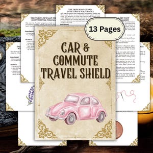 May include: A stack of 13-page booklets with a vintage design. The cover features a pink Volkswagen Beetle illustration and the text "Car & Commute Travel Shield". Other pages have text and illustrations.