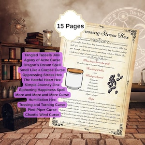 May include: A page from a spell book with the title "Oppressing Stress Hex." The page includes instructions, a jar illustration, and a list of ingredients. A wooden shelf and a treasure chest are in the background.