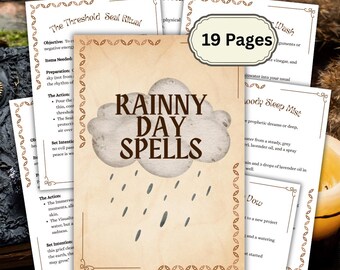 May include: A collection of 19-page spell books with a vintage aesthetic. The central book features the title "Rainy Day Spells" with a cloud and rain illustration. Other pages detail rituals and spells.