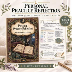 May include: A Personal Practice Reflection spellwork journal prompts and review guide digital download. The cover features an open book illustration with botanical elements and celestial motifs. An interior page shows a prompt index and closing reference.