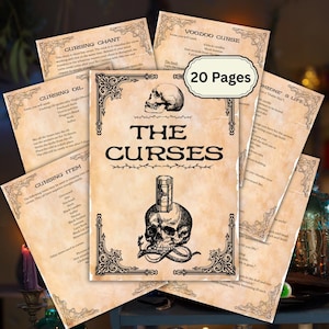 May include: A collection of aged paper pages with gothic-style borders and text. The central page, titled "THE CURSES," features a skull, snake, and bottle illustration. The text "20 Pages" is visible on a label.