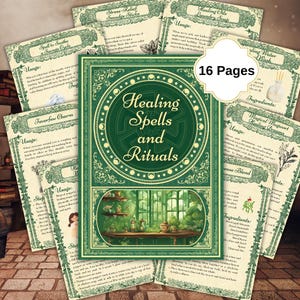 Pode incluir: Um conjunto de cartas de feitiços e rituais de 16 páginas, verdes e creme. O cartão central diz "Healing Spells and Rituals". Outros cartões detalham o uso e os ingredientes de vários feitiços.