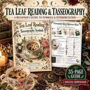 Könnte beinhalten: Ein Buch mit dem Titel Tea Leaf Reading & Tasseography Symbols sowie ein dazugehöriges Referenzblatt. Das Cover zeigt eine Teetasse, Rosen und einen Vogel. Das Set enthält 35 illustrierte Seiten für Anfänger zu Symbolen und Deutungen.