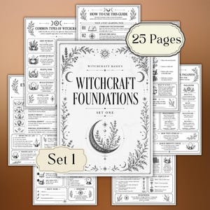 May include: A collection of 25 pages titled Witchcraft Foundations Set One, featuring black and white printed guides with celestial and botanical illustrations, including sections on common types of witchcraft, paganism, and a 4-step learning path.