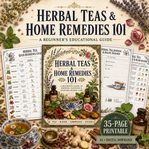 Pode incluir: Um guia educacional imprimível de 35 páginas intitulado Herbal Teas & Home Remedies 101, apresentando uma capa de livro central com ilustrações botânicas, xícaras de chá e frascos de boticário, cercado por tabelas de referência e rastreadores.