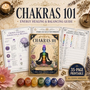 May include: A Chakras 101 energy healing and balancing guide set featuring a central manual, two informational sheets, and seven colored stones. The manual displays a person in a lotus pose with seven chakra symbols and floral illustrations.