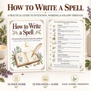 May include: A 15-page guide titled How to Write a Spell: A Practical Guide to Intention, Words & Personal Ritual. The cover features an open book, a quill, and a key. A second page displays a Spell-Writing Quick Reference chart.