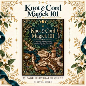 May include: A 35-page digital guide titled Knot & Cord Magick 101, featuring a dark green cover with gold text, a coiled rope, a wooden spool, scissors, and a crystal pendant, framed by white floral illustrations and teal ribbons.