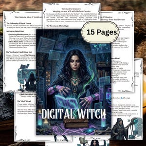Op de afbeelding: Een digitale kunstprint getiteld "Digital Witch" met een vrouw omringd door mystieke elementen. De afbeelding heeft een donker fantasiethema met de tekst "15 Pages". De vrouw houdt een boek vast, met een magische gloed.
