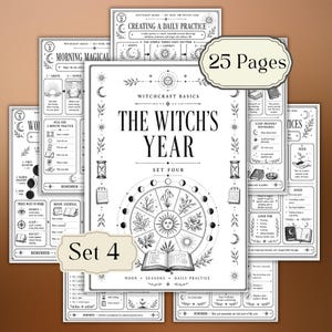 May include: A 25-page printable set titled The Witch's Year Set Four, featuring black and white illustrations of moon phases, seasonal plants, and sun symbols. The pages include instructional text for daily practice, moon journaling, and seasonal rituals.