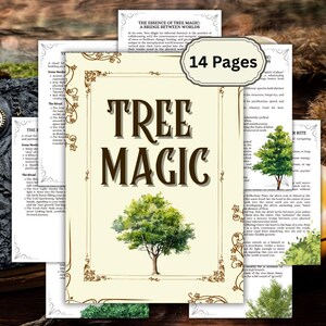 May include: A stack of beige-colored pages with the title "TREE MAGIC" in large, dark brown letters. The cover features a watercolor illustration of a tree. The text "14 Pages" is in a white oval. Other pages with text are visible.