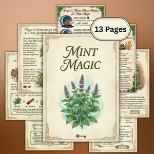 May include: A collection of 13 pages titled Mint Magic, featuring printed text and illustrations of mint plants, moon phases, and various botanical symbols. The pages have a cream-colored background with decorative borders and black typography.