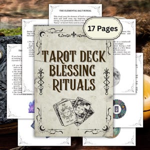 May include: A stack of pages with the title "Tarot Deck Blessing Rituals" in a vintage style. The cover features tarot cards with sun and moon imagery. The text "17 Pages" is also visible.