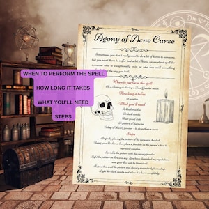 May include: A detailed parchment titled "Agony of Acne Curse" with instructions for a spell, including a skull, candle, and a list of ingredients. The background shows a bookshelf, a treasure chest, and other mystical items, creating a vintage aesthetic.