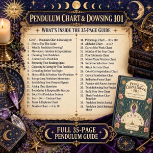 May include: A 35-page Pendulum Chart & Dowsing 101 guide featuring a list of 34 chapters including topics like anatomy of a pendulum, moon phase practice, and crystal symbolism. The guide is presented with a dark blue, gold, and floral cover design.