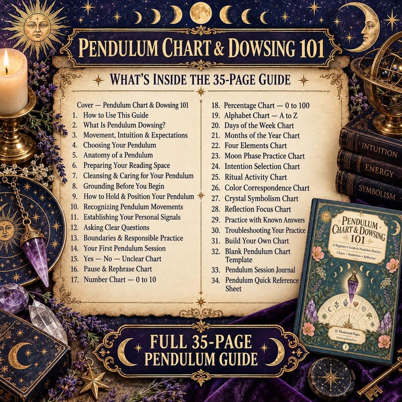 May include: A 35-page Pendulum Chart & Dowsing 101 guide featuring a list of 34 chapters including topics like anatomy of a pendulum, moon phase practice, and crystal symbolism. The guide is presented with a dark blue, gold, and floral cover design.