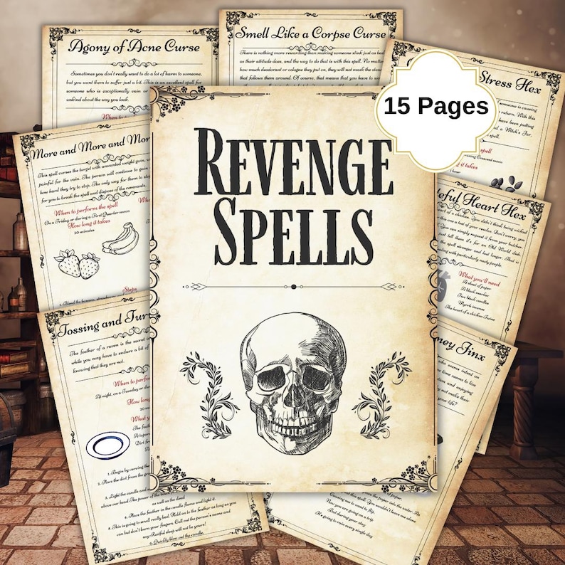 May include: A set of aged-looking pages with the title "REVENGE SPELLS" and a skull illustration. The pages contain spell descriptions and the text "15 Pages". The design has a vintage aesthetic, with decorative borders and aged paper.