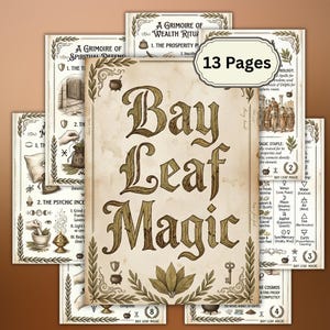 May include: A collection of 13 pages titled Bay Leaf Magic, featuring vintage-style parchment paper with dark brown text, botanical illustrations of bay leaves, cauldrons, keys, and shields, along with detailed instructions for various rituals.