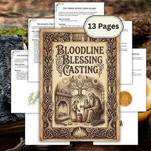 May include: A 13-page document titled Bloodline Blessing Casting featuring a central illustration of an elder and a child by a fireplace under a tree with moon phases. The border displays intricate Celtic-style knotwork with oak leaves and acorns.