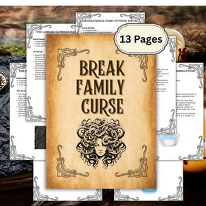 Puede incluir: Un montón de páginas impresas con el título "BREAK FAMILY CURSE" en letras grandes de color marrón oscuro. La portada presenta una ilustración de Medusa. El texto "13 Pages" está en un óvalo blanco. Se ven otras páginas con texto y bordes decorativos.