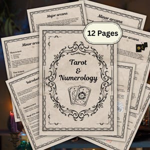 May include: A collection of tarot and numerology pages with decorative borders. The central page displays "Tarot & Numerology" with card illustrations. The image includes text such as "Major arcana," "Minor arcana," and "12 Pages."