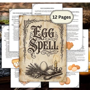 Może przedstawiać: Szczegółowa ilustracja okładki książki, "EGG SPELL", z jajkiem, świecą, ziołami i łyżką. Okładka otoczona jest innymi stronami z tekstem i słowami "12 Pages" w okręgu.
