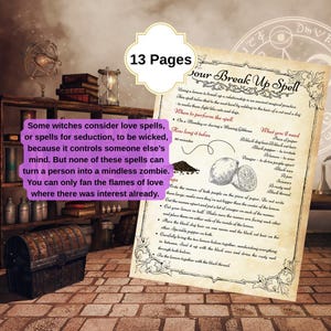 May include: An image of a vintage-style spell book page with instructions for a break-up spell. The page includes a list of ingredients, such as black dog hair and black cat hair, and a drawing of a lemon. The text reads "Your Break Up Spell."