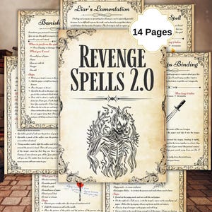 Pode incluir: Um conjunto de p&aacute;ginas em estilo vintage com o t&iacute;tulo "REVENGE SPELLS 2.0" em letras escuras e grandes. As p&aacute;ginas apresentam bordas ornamentadas, texto manuscrito e ilustra&ccedil;&otilde;es, incluindo um dem&ocirc;nio de fogo. O texto "14 Pages" tamb&eacute;m &eacute; vis&iacute;vel.
