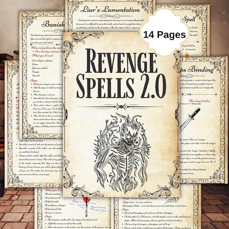 Pode incluir: Um conjunto de p&aacute;ginas em estilo vintage com o t&iacute;tulo "REVENGE SPELLS 2.0" em letras escuras e grandes. As p&aacute;ginas apresentam bordas ornamentadas, texto manuscrito e ilustra&ccedil;&otilde;es, incluindo um dem&ocirc;nio de fogo. O texto "14 Pages" tamb&eacute;m &eacute; vis&iacute;vel.