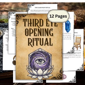 May include: A stack of printed pages with the title "Third Eye Opening Ritual" in large, ornate lettering. The central image features an eye within a geometric shape, above a lotus flower. Additional pages and text are visible.