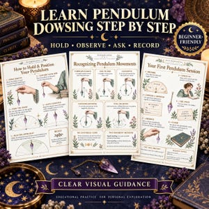 May include: Three instructional pages titled Learn Pendulum Dowsing Step By Step, featuring diagrams of hand positions, movement patterns, and session guides. A purple crystal pendulum with a gold chain rests below the pages on a dark surface.