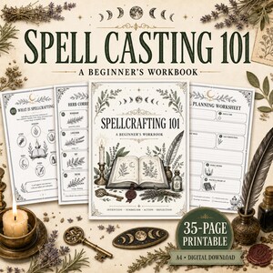 Puede incluir: Un conjunto imprimible de Spell Casting 101 A Beginner's Workbook con una portada central que muestra una ilustración de un libro abierto, vela, pluma y llave, rodeado de hojas de trabajo, hierbas secas y una etiqueta de 35 páginas.