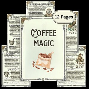 May include: A collection of 12-page cards with the title "Coffee Magic" and illustrations of coffee beans and a scoop. The cards also feature text about potions and rituals, with decorative borders and vintage-style graphics.