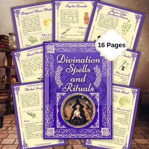 May include: A set of 16 divination cards and a book titled "Divination Spells and Rituals." The cards, with purple borders, cover topics like herbal scrying and moon magic. The book cover features a witch illustration within a circular frame.