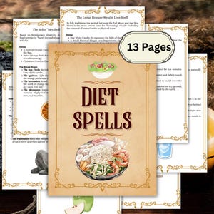 Pode incluir: Um conjunto de livretos de 13 páginas com um design vintage. O livreto central apresenta as palavras "DIET SPELLS" acima de uma ilustração de uma tigela de comida. Outras páginas detalham rituais e feitiços. Os livretos têm um fundo creme com bordas decorativas.