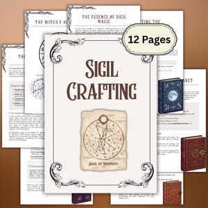 May include: A set of printed pages titled "Sigil Crafting" with decorative borders. The central page features the title and a diagram labelled "Sigil of Harmony." A tag reads "12 Pages." Several small books are also visible.