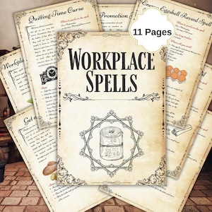 Puede incluir: Un conjunto de páginas de estilo vintage con el título "Workplace Spells" en negrita. Las páginas presentan ilustraciones y texto, incluyendo un gráfico de un rollo de dinero. Las palabras "11 Pages" también son visibles.