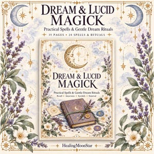 May include: A book titled Dream & Lucid Magick: Practical Spells & Gentle Dream Rituals. The cover features a purple journal with gold celestial motifs, surrounded by lavender sprigs, white flowers, and small circular tokens on a cream background.