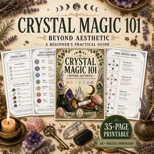 May include: A 35-page printable guide titled Crystal Magic 101 Beyond Aesthetic, featuring educational pages on crystal safety, chakra correspondences, and grid layouts. The cover displays various crystals, a moon, and botanical illustrations.