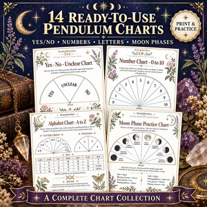May include: A collection of 14 ready-to-use pendulum charts featuring botanical illustrations and celestial motifs. The set includes specific charts for yes-no questions, numbers 0 to 10, the alphabet from A to Z, and various moon phases for practice.
