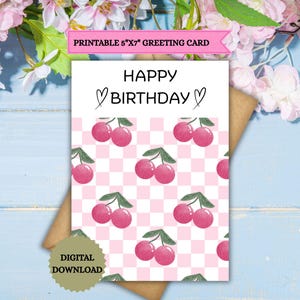 Carte imprimable de joyeux anniversaire rose cerise Fruit Téléchargement numérique pour sa soeur femme amie maman carte d'anniversaire téléchargement carte rétro