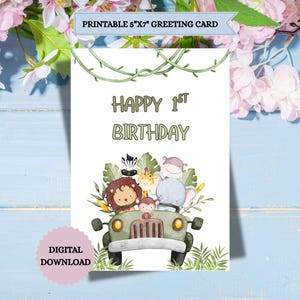 Joyeux 1er anniversaire / carte d'anniversaire pour garçon, carte d'anniversaire, carte de voeux, anniversaire à imprimer, thème de la jungle des cartes pour enfants animaux en téléchargement numérique