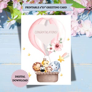 Carte de naissance - Imprimable - Téléchargement immédiat - Carte de félicitations - Carte de baby shower - Cartes d'animaux de petite fille Carte numérique Carte de baby shower