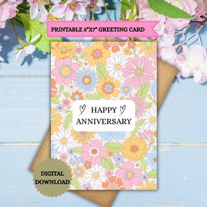 Tarjeta de aniversario imprimible Tarjeta de aniversario floral Tarjeta de flores Imprimir en casa Tarjeta de aniversario Tarjeta de feliz aniversario Tarjeta con patrón de flores