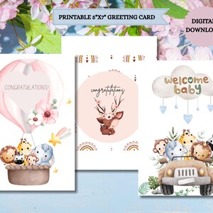 Conjunto de 3 cartões de bebê para impressão / Modelos de cartões de bebê para download instantâneo, cartão de felicitações para chá de bebê e recém-nascido, cartão fofo com animais