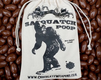 Chocolate BIGFOOT Poop/ SASQUATCH Poop packed in a Vintage Hand Printed Cotton Bag - Perfect for Gifts!